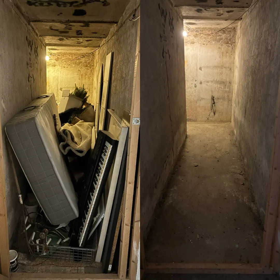 Före och efter: källarförråd med madrass, piano och bråte som tömts, helt tomt förråd efteråt – före