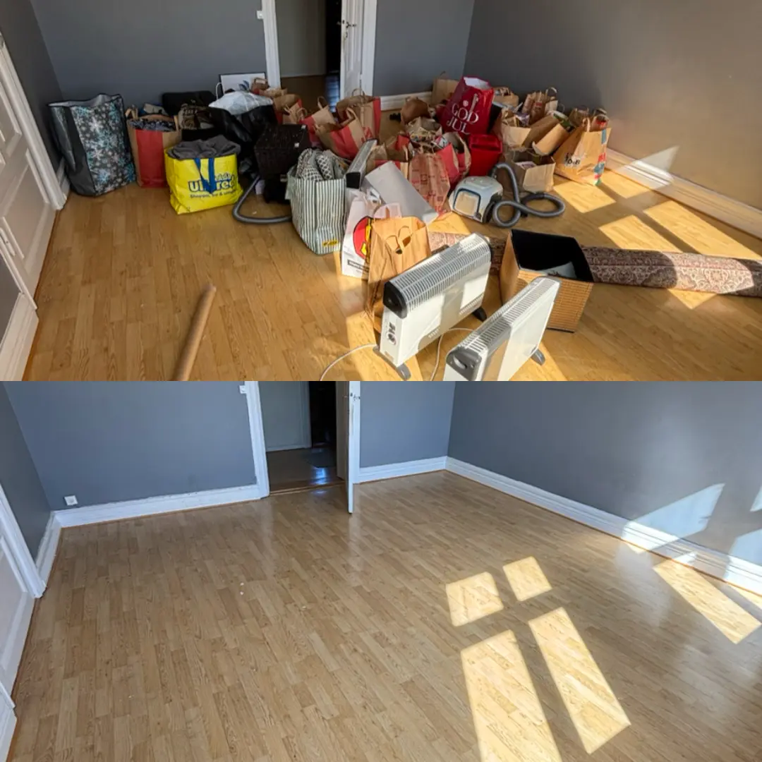Före och efter: rum fullt av kassar, mattor och element som tömts, helt tomt rum med rent golv efteråt – före