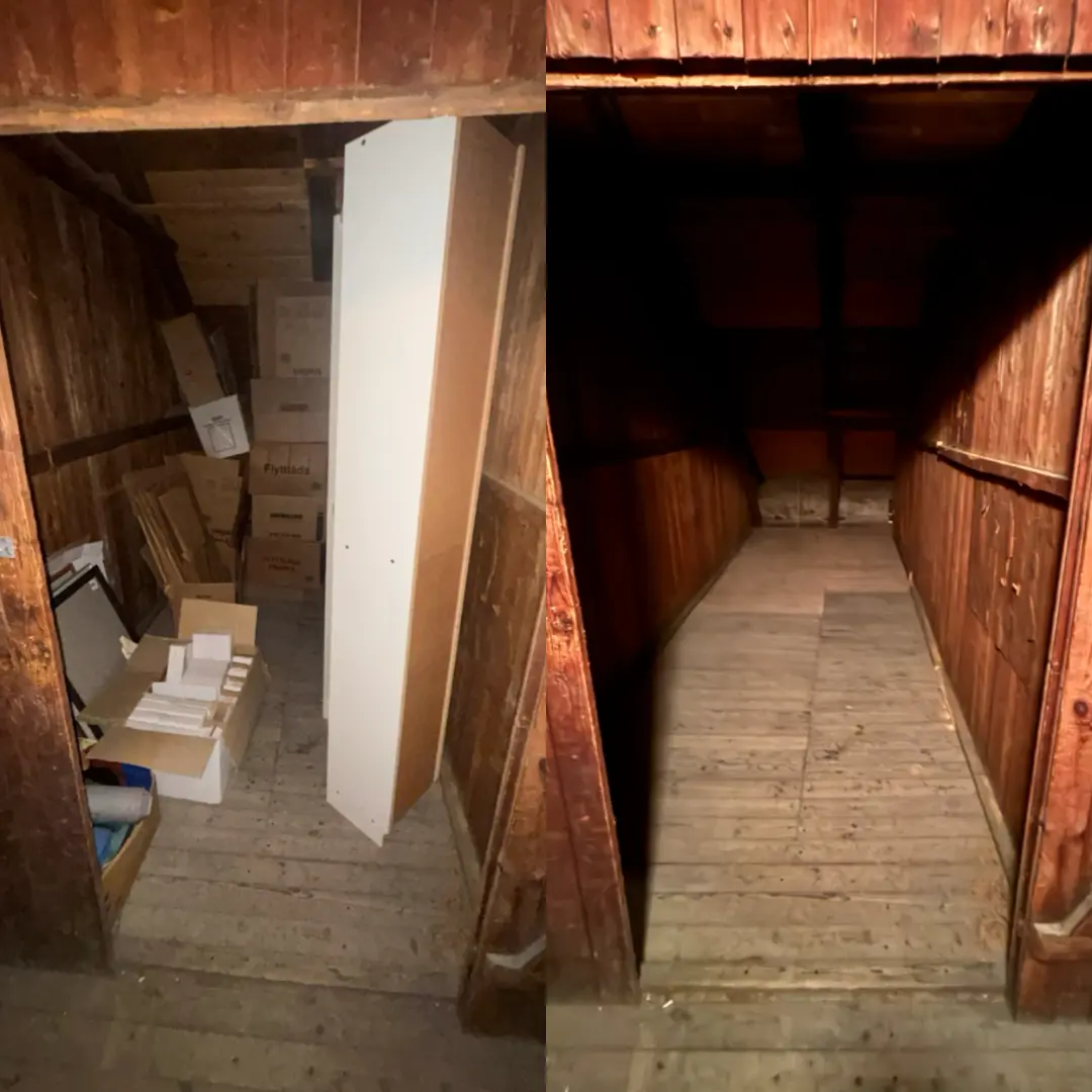 Före och efter: vindsförråd fyllt med flyttkartonger och skivor som tömts, tomt trägolv efteråt – före