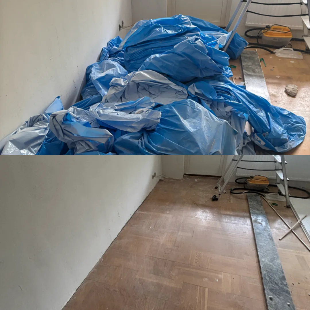 Före och efter: rum fyllt med blå byggplast och rivningsmaterial som forslats bort, golvet lämnat rent – före