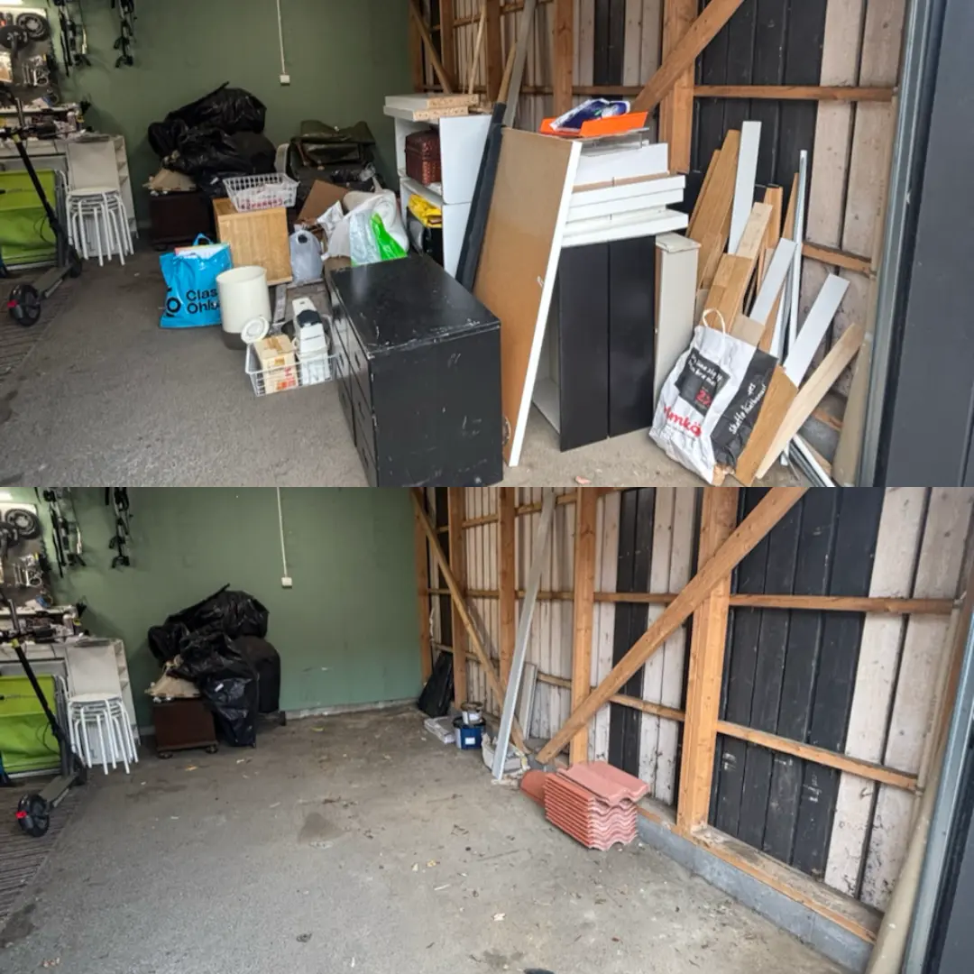 Före och efter: garage fyllt med möbler, byggmaterial och kartonger som tömts, tomt golv efteråt – före