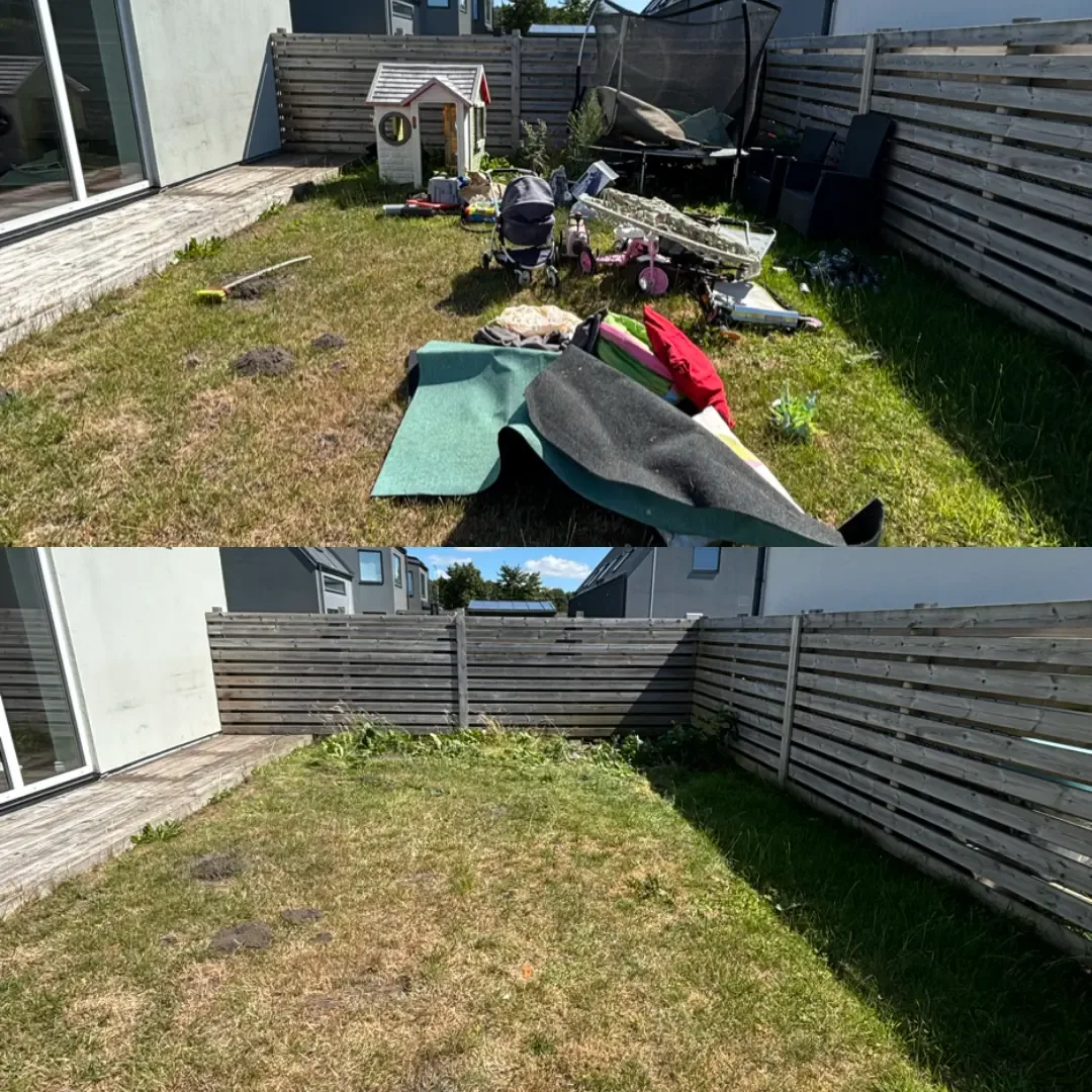 Före och efter: trädgård med lekstuga, leksaker och skräp som röjts bort, ren gräsmatta efteråt